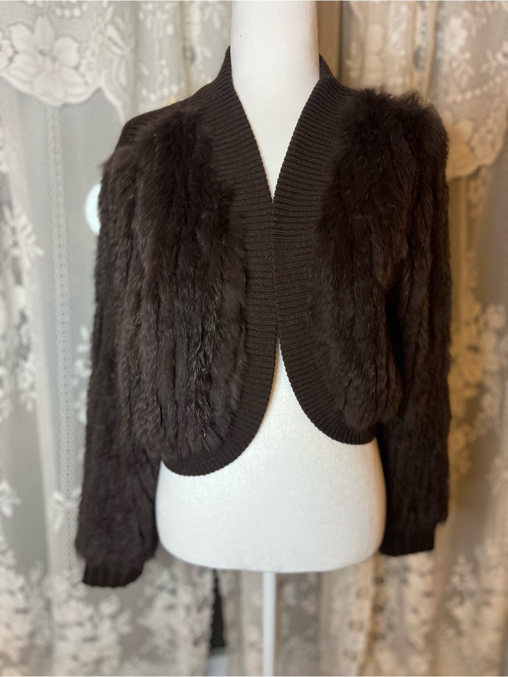 Dolce Cabo Dark Brown Rabbit Fur Cropped Cardigan Medium